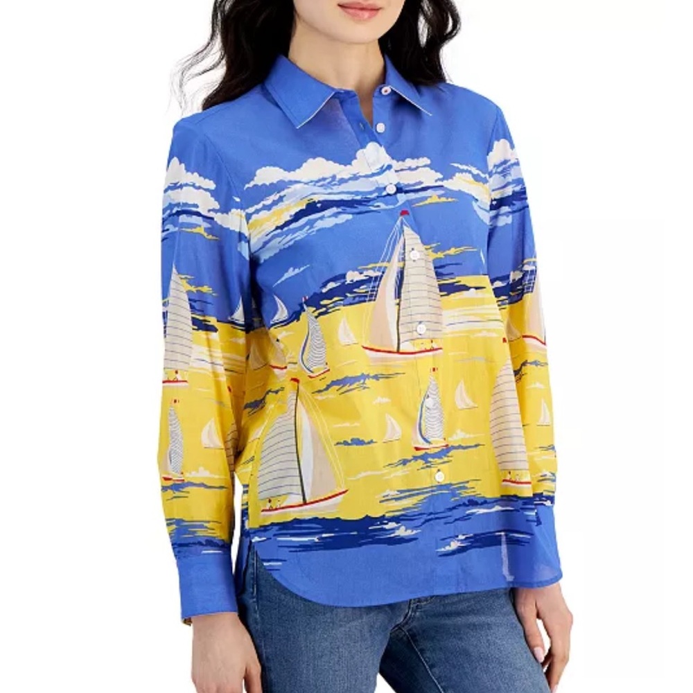 Nautica Sale Day Cotton Long Sleeve Sailboat Shirt Blouse 100% cotton Small